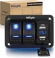 Nilight - 90116C 2 Gang Rocker Switch Panel with 4.8 Amp Dual USB Charger Voltmeter Waterproof 12V-24V DC Rocker Switch with Night Glow Stickers for CarsTrucks Boats RVs,Blue