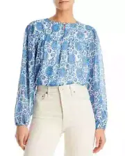 AQUA Long Sleeve Flowy Printed Top Women's XS Blue Keyhole Neck Paisley Pullover