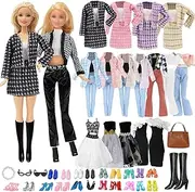 16 Doll Clothes Set Compatible with Barbie Doll, 3 Stylish Check Coat Set 2 Party Dresse 1 Short Sleeve Pants 1 Bag 1 Neck Accessorie 2 Eyeglasses 1 Boots 5 Shoes for 11.5 Inch Dolls Girls Gift Random