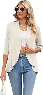 [Famulily] Women's 3/4 Sleeve Summer Cardigans, Lightweight Draped Loose Shawl Blouse Casual Open Front Ruffle Cardigans, Beige, XL