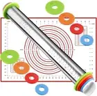 Rolling Pin and Silicone Baking Pastry Mat Set, Stainless Steel Dough Roller, Ro
