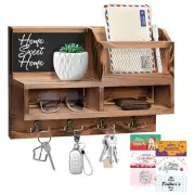 Key Holder Wall Mount, Wooden Key Mail Holder with Chalkboard Mirror Greeting