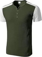 [Zylphorix] Men Waffle Color Matching T-Shirt Oversized Quarter Button Henry Shirt Summer Classic Comfortable Polo Shirt, Navy Green, Medium