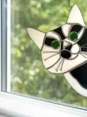 NEW Black And White Cat Peeking Gossipy Cat Window Sun-catcher Stained Glass