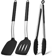Pack of 3 Silicone Spatula Set Non Stick Slotted Kitchen Spatulas- Stainless Steel High Heat Resistant Solid & Slotted Turner, BPA Free Cookware for Pancakes, Fish, Eggs
