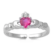 Heart Solitaire Claddagh Simulated Red Clear CZ .925 Sterling Silver Toe Ring