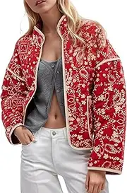 [Yimoon] Women's Cropped Puffer Quilted Jacket Vintage Floral Print Open Front Lightweight Short Jacket Outwear