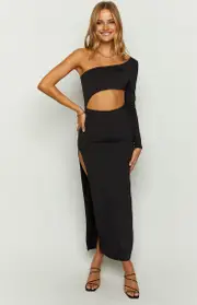 Maxine Black One Shoulder Midi Dress