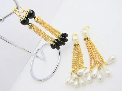 4pc ( 2 Pair) Hand Made Beaded Tassel Pearl Trim/Gold Chain/Tool/Craft B95-Color