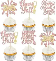 Ephlyn 24Pcs 2025 Happy New Year Cupcake Toppers Glitter Fireworks Clock Hello 2025 Cupcake Picks for Cheers to 2025 Happy New Year Theme Holiday Party Cake Decorations Supplies Rose Gold