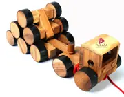 Large wood Truck Toy handmade with trailer and 16 wheels and a pull along string