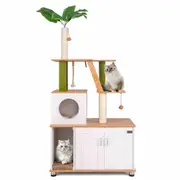 Costway Cat Litter Box Toilet Enlosure Side Cabinet Tree Tower w/Scratch Board Pet Bed House White