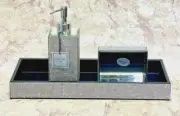 Bella Lux Full Rhinestone Mirror 3 Pc Set Tray Soap Dispenser Soap Dish Tray NEW