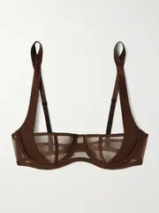 [Kiki de Montparnasse] Kiki de Montparnasse - Illusion Silk-blend Satin-trimmed Tulle Underwired Balconette Bra - Chocolate - 36DD 36 DD Brown
