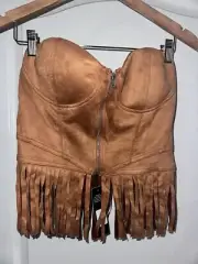 NEW WT Fashion Nova Camel Color Strapless Faux Suede Corset Top XL Fringe