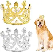 2Pcs Pet Birthday Party Crown for Small Dog with Adjustable Strap Hat Rhinestone Faux Pearl Crown for Birthday Party, Adoption Celebration or Gotcha Day Photos (Medium) (Small)
