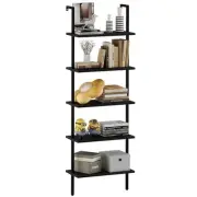 Ladder Shelf Open 5-Tier Bookshelf Wall-Mounted Black Wood Bookcase Storage