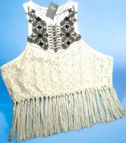 New Cottagecore A & F Cropped Beaded Embroidered Fringed Lace Summer Top Lg