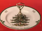 SPODE CHRISTMAS TREE "COOKIES FOR SANTA" TIDBIT TRAY WITH METAL HANDLE