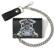 GENUINE LEATHER SPECIAL FORCES TRI-FOLD MEN WALLET W SNAP ON CHAIN GI597 NEW