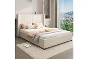 Alexa Queen Size High Rise Headboard | Linen Beige Fabric | Four MDF Drawers with Wheels | Bed Frame