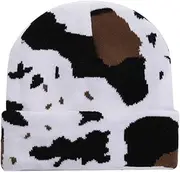 [HAOOIE] Cow Print Beanie Hats for Women Men Warm Knit Hat Animal Print Beanies Y2K Cap 2 Layers Winter Leopard Print Skull Cap