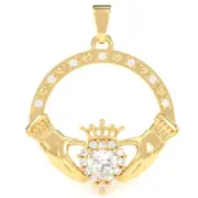 14k Solid Gold White Topaz Diamond Claddagh Pendant