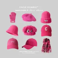 在飛比找蝦皮購物優惠-玫紅色帽子韓國東大門粉色棒球帽女生少女圍巾手套針織帽貝雷帽潮