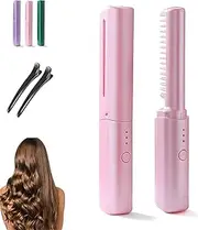 Latest Hairdressing Comb, Victoriousact Mini Dual Purpose Curling Iron Smooth Straight, Portable Wireless 2-in-1 Touch-Up Combs, 3 Temperature Adjustment, USB Charging (Pink)