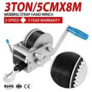 3Tons 3-Speed Recovery Hand Winch Car Trailer 8M 50MM Webbing Strap Boat 4WD 4X4