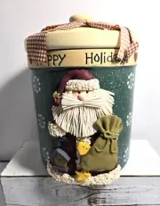 Vintage Christmas Stoneware Cookie Jar, Polymer clay 3D Santa, Happy Holidays