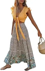 [Generic] Women's Boho Floral Printed Elastic High Waist A Line Flowy Maxi Skirt