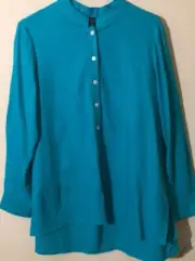 Tahari Linen Blend Button Shirt Tunic Long Sleeve High/Low Top Turquoise Sz S