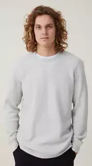 Cotton:On Men's Chunky Waffle Long Sleeve T-Shirt Crew Grey Marle Size Large NEW