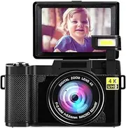 48MP 4K HD Digital Camera, 3-Inch Flip Screen With Auto Focus and Face Beautifying, 16X Zoom Anti-Shake Point and Shoot Camera (Black)