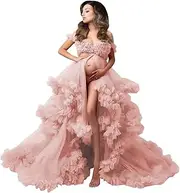 [QQcute] Blush Tulle Robe for Maternity Photoshoot, Puffy Ruffles Bridal lingerie for Women, Long Illusion Wedding Scarf Pregnancy Baby Shower(L-XL), Large-X-Large, Pink