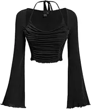 [Allegra K] Women's Flounce Long Sleeves Ruched Tie Back Lightweight Crop Top Tee Blouse