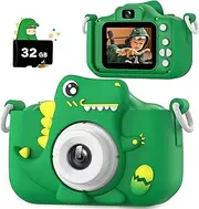 Upgrade Kids Camera for Boys Girls, 1080P HD Digital Selfie Camera with Cute Protective Cover and 32G SD Card, Christmas Birthday Gifts Toys for 3 4 5 6 7 8 9 10 11 12 Years Old (H22-Green)