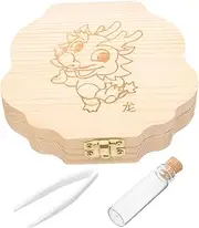 MOBUTOFU 1 Set Wooden Tooth Box for Keepsake Deciduous Teeth Storage Box with Zodiac Dragon Design Boys and Holds and Foetal Hair Memories