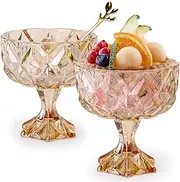 ELVASEN Dessert Glass Bowls, 280ML Ice Cream Footed Dessert Cups Glass - Glass Dessert Cups for Trifle Parfait Sundae and Nuts Tasters Set of 2 - Glass Dessert Bowls with Spoon (Amber)