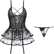 [KBQLXPKJW] Women Sexy Lingerie Set with Garter Belt Teddy Bodysuit See Through Bustier Corset Mesh Mini Skirt Nightwear/1294