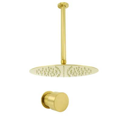 Brushed Gold 12'' Round Rain Shower Head Ceiling Extension Arm Mixer Valve Kit