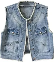 [Jegsnoe] Women Short Denim Vest Casual Waistcoat Spring Summer Vintage Sleeveless Jean Jacket