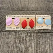 Vintage 80s Pierced Earrings Blue Pink Red Surgical Steel New Lot Of 3 Pair