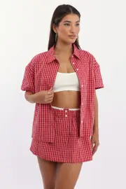Red Check Short Sleeve Shirt Button Up - Size 16XL, Women's Top
