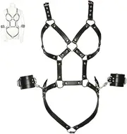 [KunBang] Female Body Harness with Detachable Handcuffs Hollow Out Strappy Bra BDSM Clubwear Gothic Carnival Roleplay Bondage PU Leather Adjustable