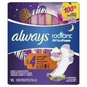 Always Radiant with Flexfoam Overnight Pads Leak & Odor Free Size 4 10 Ct 6 Pack