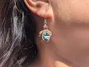 Zuni Hand carved Cowry Shell Inlay Sun Face Dangle Earrings Southwest Jewelry