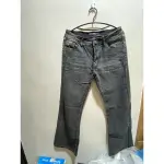 二手牛仔褲女｜USED JEANS（X L號)｜刷色抓皺痕亮銀車線貼鑽中低腰牛仔喇叭褲｜有彈性