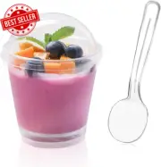 100 X 200Ml Dessert Cups with Lids & Spoons,Clear Plastic Cup - Small Reusable S